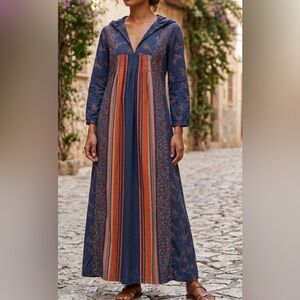 Unknown Designer: Avante Garde Navy and Orange Long Sleeve Dress With Gathers
